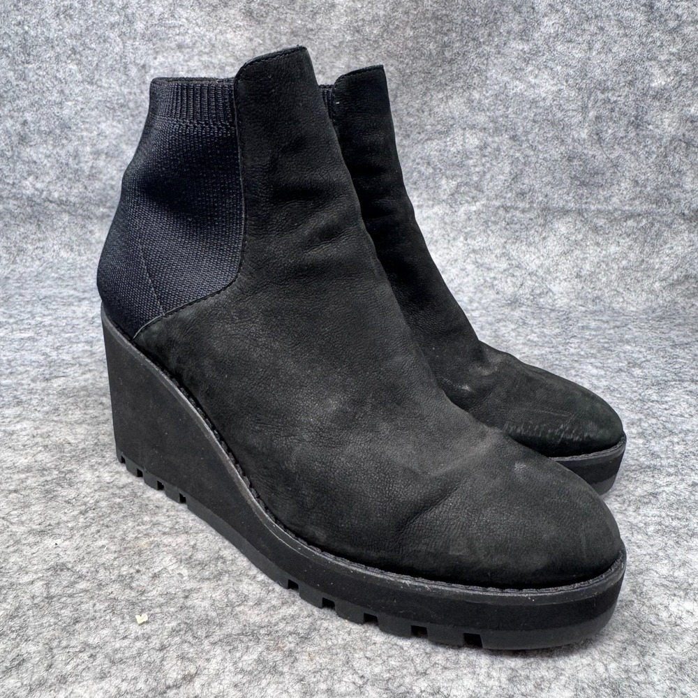Eileen Fisher Wedge Booties Ankle Boots Sz 7.5 Suede Shoes Black Stretch Knit